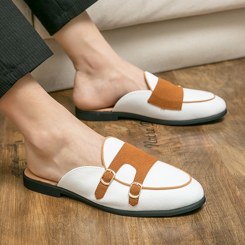 Monk Strap Shoe - Mules de lona metade sapatos para